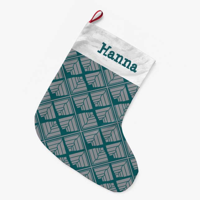 Square Leaf Pattern Teal Neutral Large Christmas Stocking (Front (Hanging))