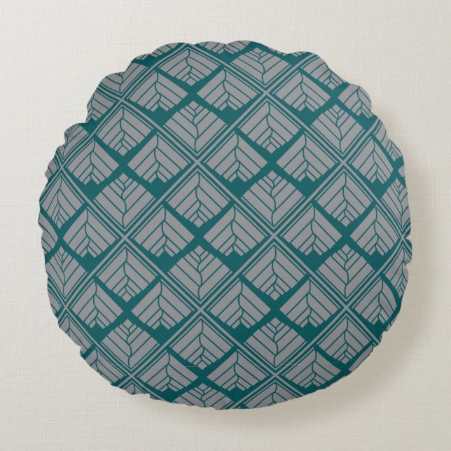 Square Leaf Pattern Teal Neutral Round Cushion (Front)