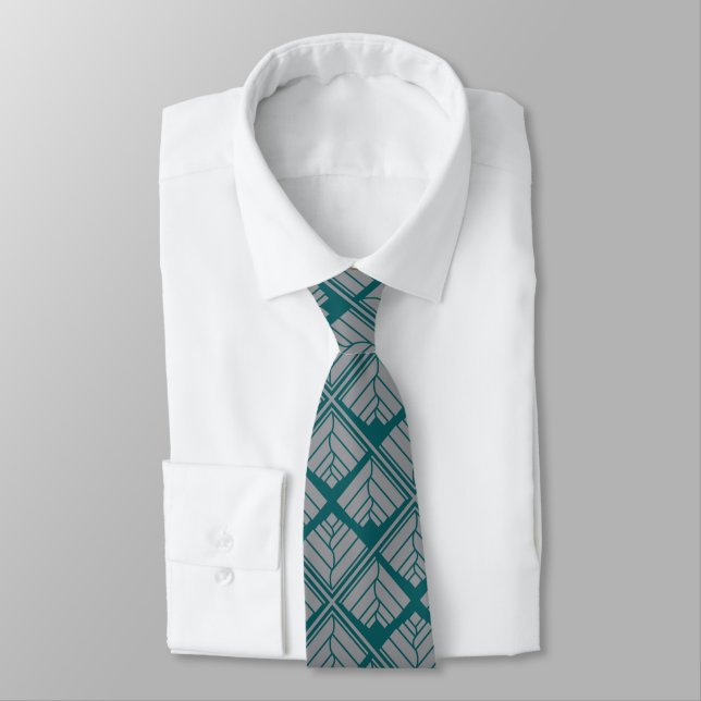 Square Leaf Pattern Teal Neutral Tie (Tied)