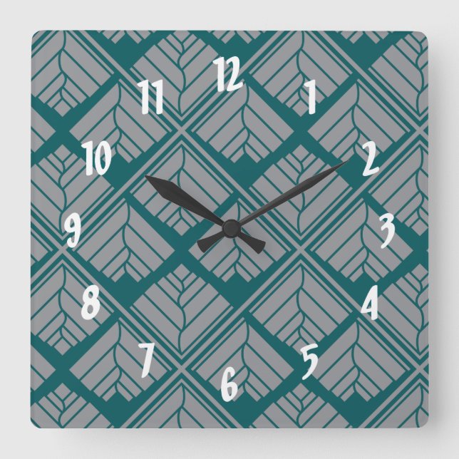Square Leaf Pattern Teal Neutral Wall Clock (Front)
