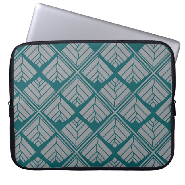 Square Leaf repeat Teal Grey Laptop Sleeve (Front)