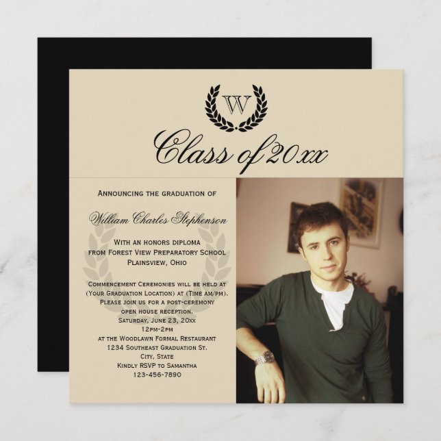 Square Letter Monogram Classic Photo Graduation Invitation (Front/Back)