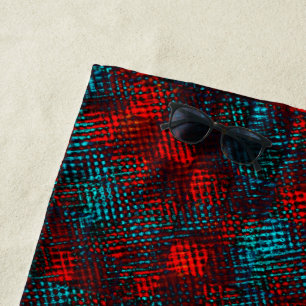 Square-lined scratched out red and clear blue beach towel
