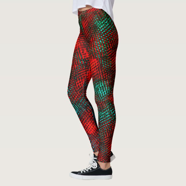 Square-lined scratched, red and greenish blue leggings (Left)