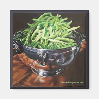 Square magnet with green beans in silver bowl