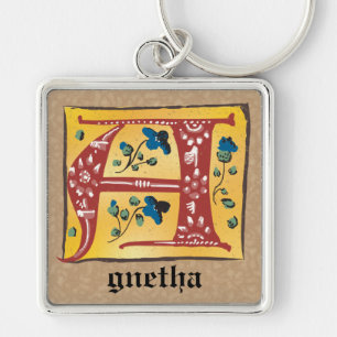 Square Mediaeval Floral Illuminated A Monogram Key Ring