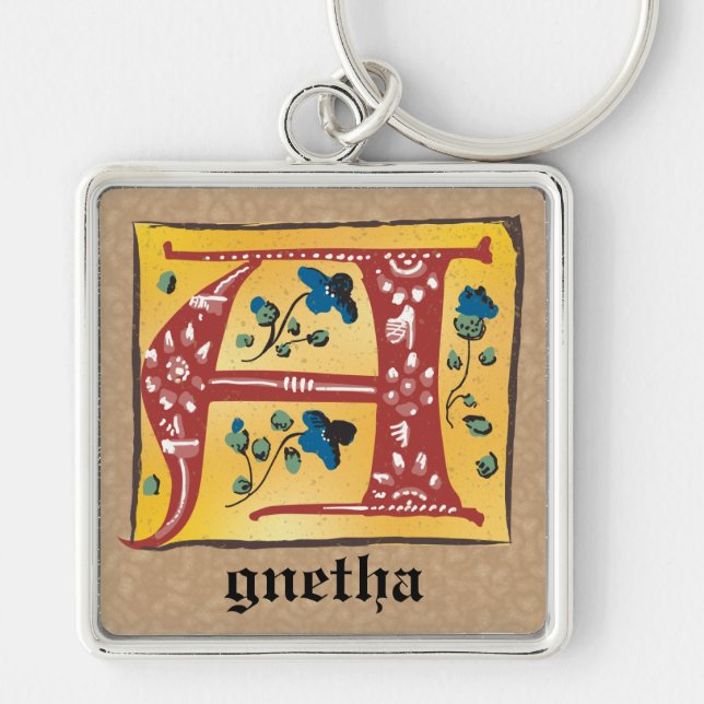 Square Mediaeval Floral Illuminated A Monogram Key Ring (Front)