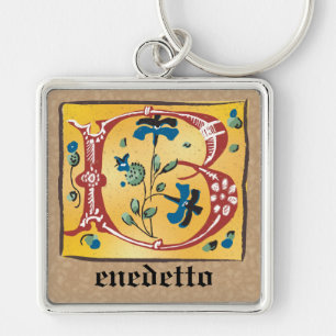 Square Mediaeval Floral Illuminated B Monogram Key Ring