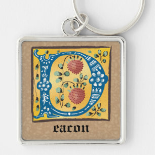 Square Mediaeval Floral Illuminated D Monogram Key Ring