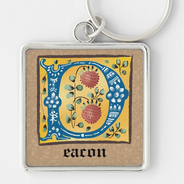 Square Mediaeval Floral Illuminated D Monogram Key Ring (Front)