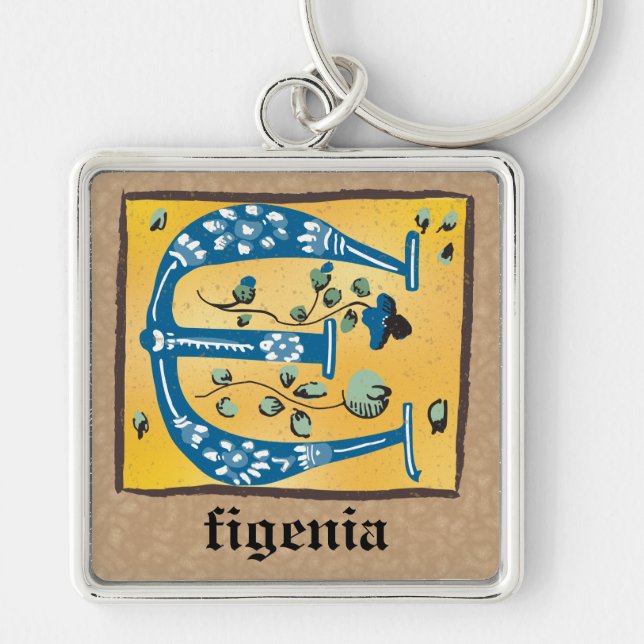 Square Mediaeval Floral Illuminated E Monogram Key Ring (Front)