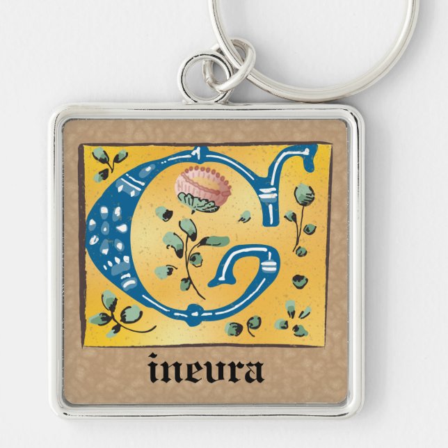 Square Mediaeval Floral Illuminated G Monogram Key Ring (Front)