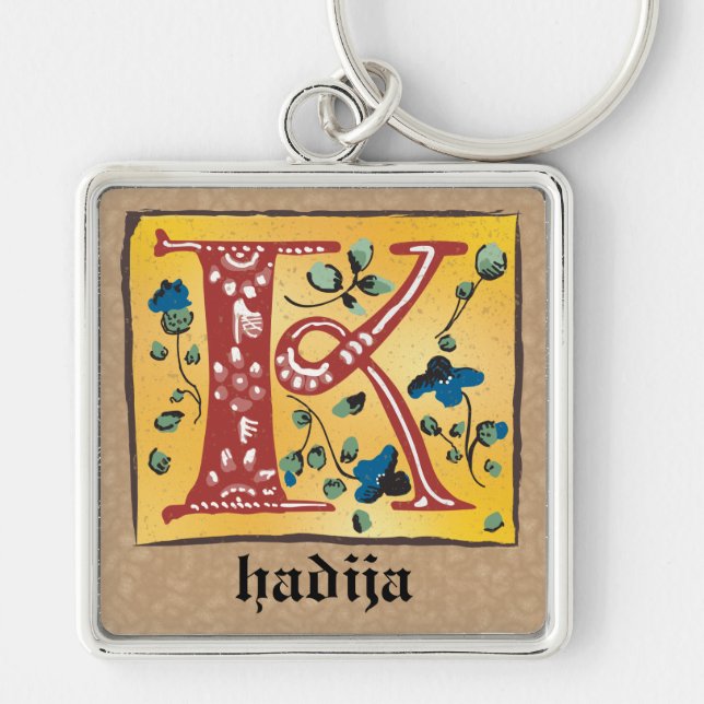 Square Mediaeval Floral Illuminated K Monogram Key Ring (Front)