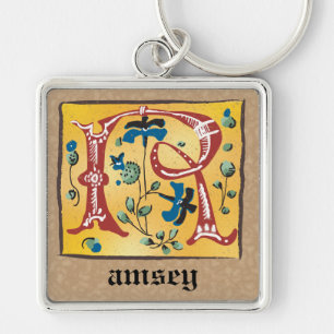 Square Mediaeval Floral Illuminated R Monogram Key Ring