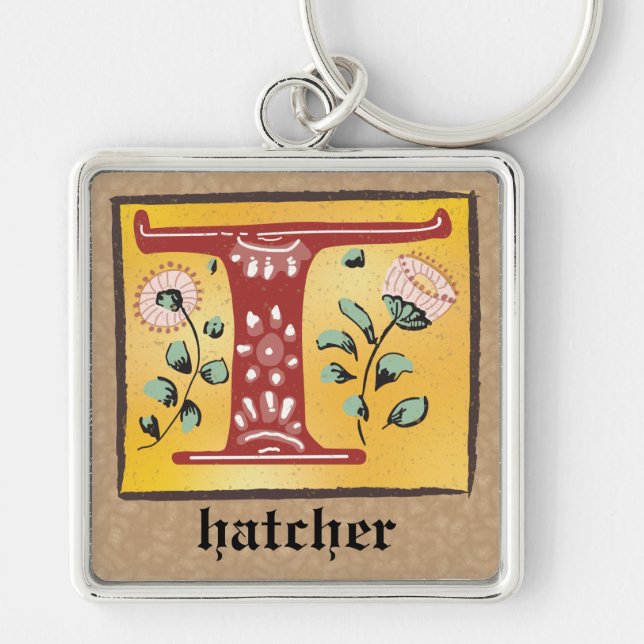 Square Mediaeval Floral Illuminated T Monogram Key Ring (Front)