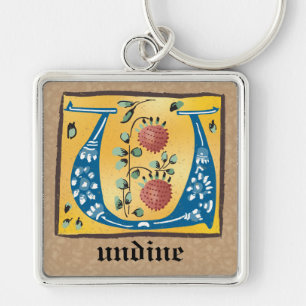 Square Mediaeval Floral Illuminated U Monogram Key Ring