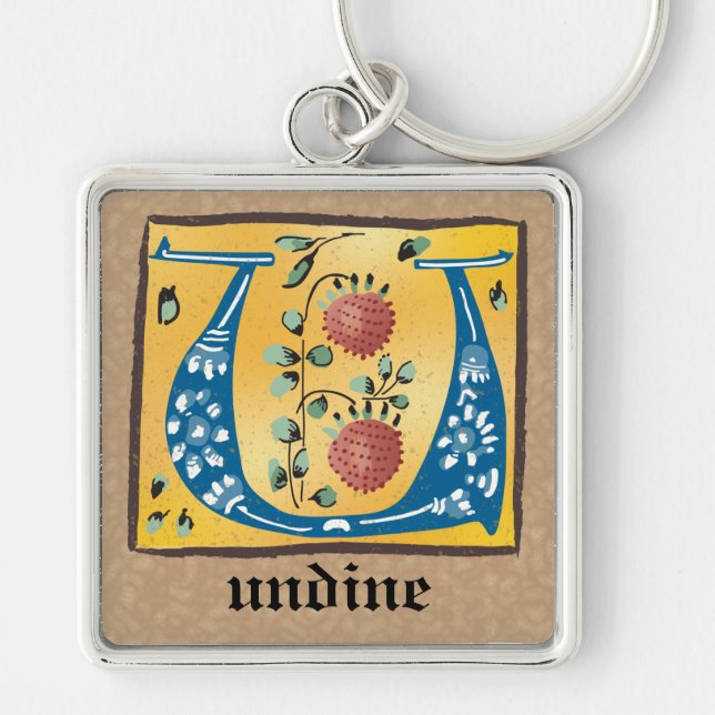 Square Mediaeval Floral Illuminated U Monogram Key Ring (Front)