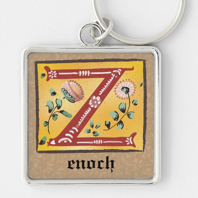 Square Mediaeval Floral Illuminated Z Monogram Key Ring (Front)