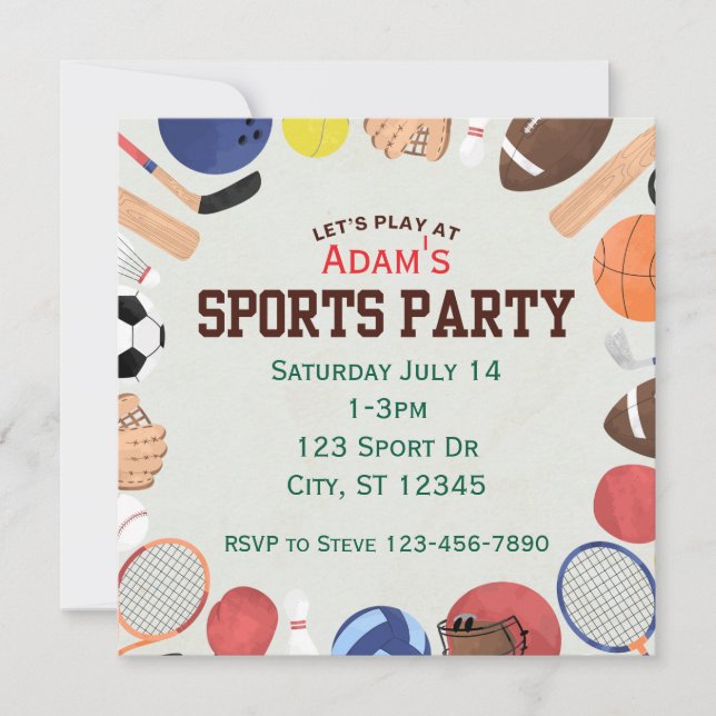 Square, Minimalist Sports Birthday Party  Invitation (Front)