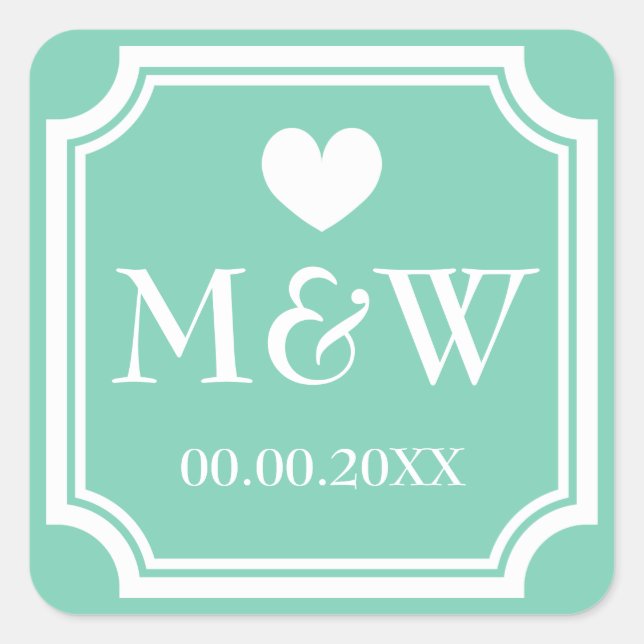 Square mint monogram wedding favour stickers seals (Front)