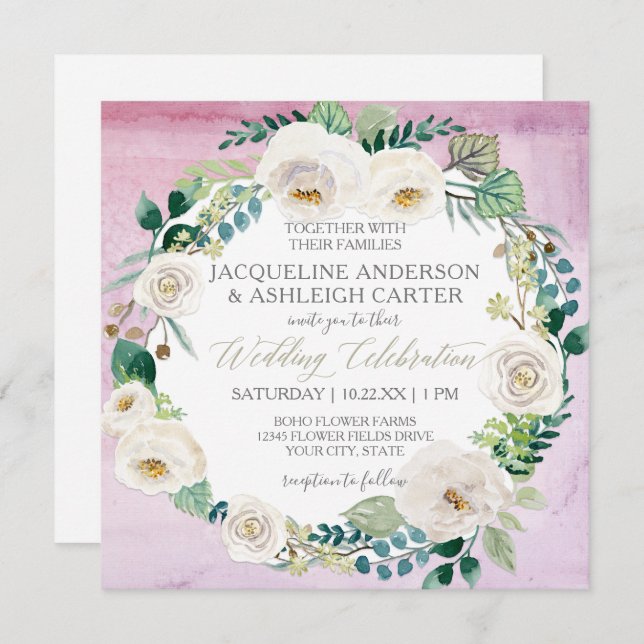Square Modern Lavender White Rose Leaf Wreath Invitation (Front/Back)