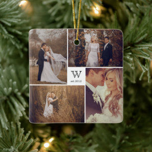 Square Monogram Photo Collage Holiday Ornament