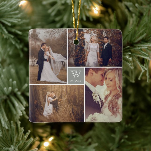 Square Monogram Simple Photo Collage Holiday Ceramic Ornament (Tree)