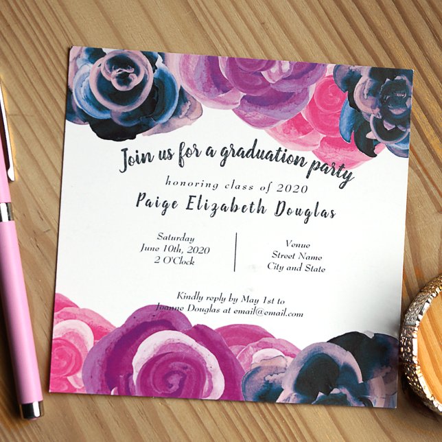 Square Multicolored Rose Graduation Invitation (Violet, pink, blue big roses botanical graduation party invitation)