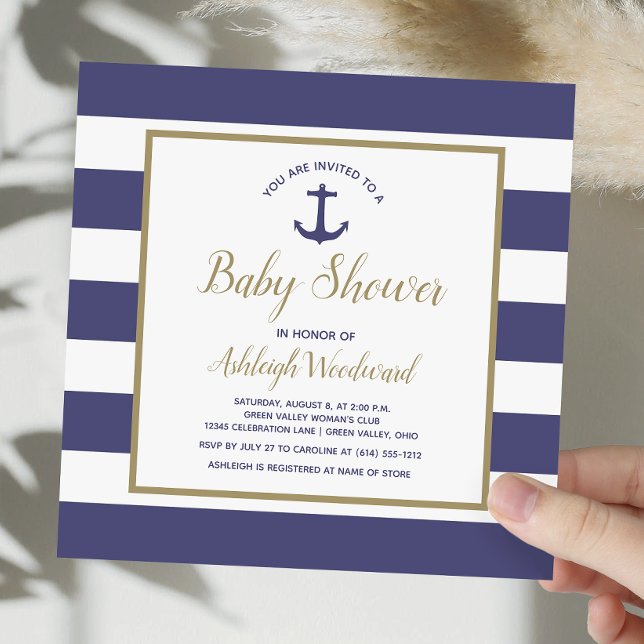 Square Nautical Anchor Navy Blue Boy Baby Shower Invitation (Creator Uploaded)