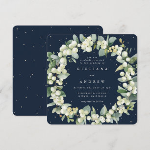 Square Navy Snowberry+Eucalyptus Wreath Wedding Invitation