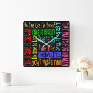 Square Neon-Bright Colour Time Sayings Clock