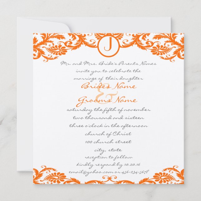Square Orange Damask Monogram Wedding Invitation (Front)