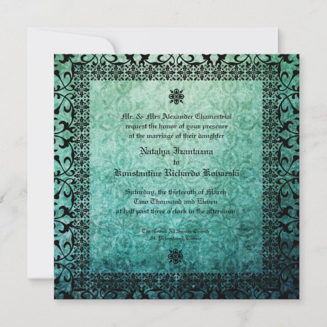 Square Ornate Green Damask Gothic Wedding Invitati Invitation (Front)