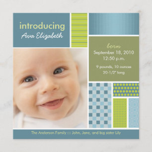 Square Patchwork Blue Designer Birth Announcement