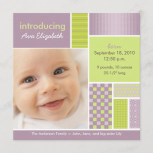 Square Patchwork Lilac Designer Birth Announcement