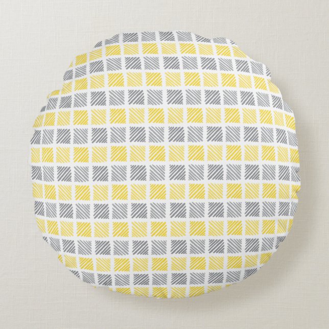 Square Pattern Yellow & Grey Round Pillow (Front)