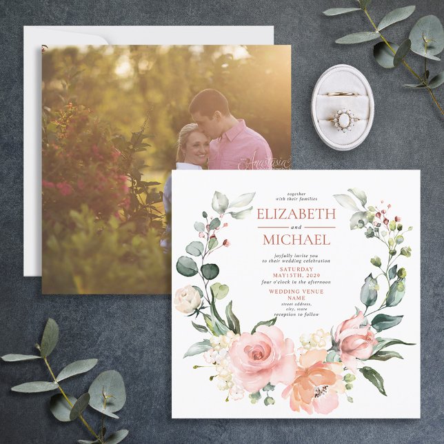 Square Peach Pink Floral Wreath Photo Invitation (Creator Uploaded)