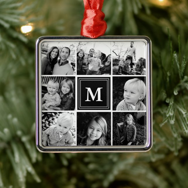 Square Photo Collage Black Monogrammed Custom Metal Tree Decoration (Tree)