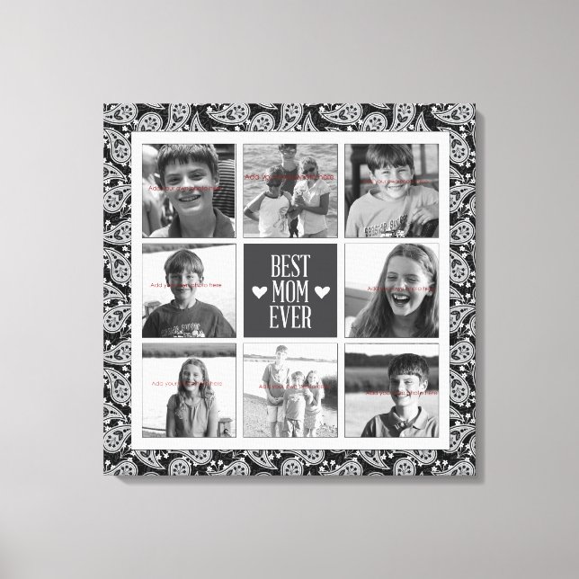 Square Photo Collage, Black&White Paisley 8 photos Canvas Print (Front)