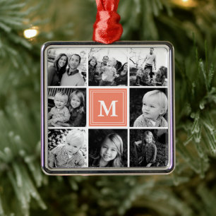 Square Photo Collage Coral Monogrammed Custom Metal Tree Decoration