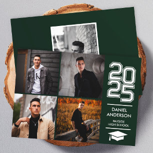 Square Photo Collage Modern Green Graduation Invitation