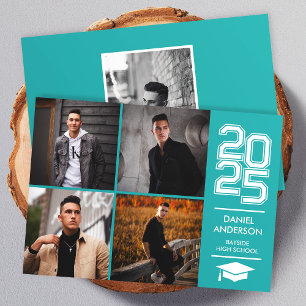 Square Photo Collage Modern Teal Graduation Invitation