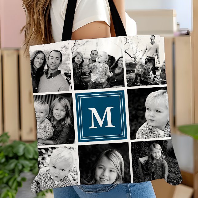 Square Photo Collage Navy Monogrammed Custom Tote Bag (Creator Uploaded)