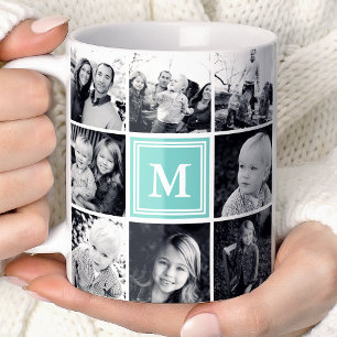 Square Photo Collage Teal Monogrammed Custom Coffee Mug