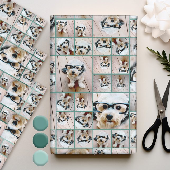 Square Photo Collage - Up to 14 photos Teal Green Wrapping Paper Sheet (Personalized Photo Wrapping Paper)