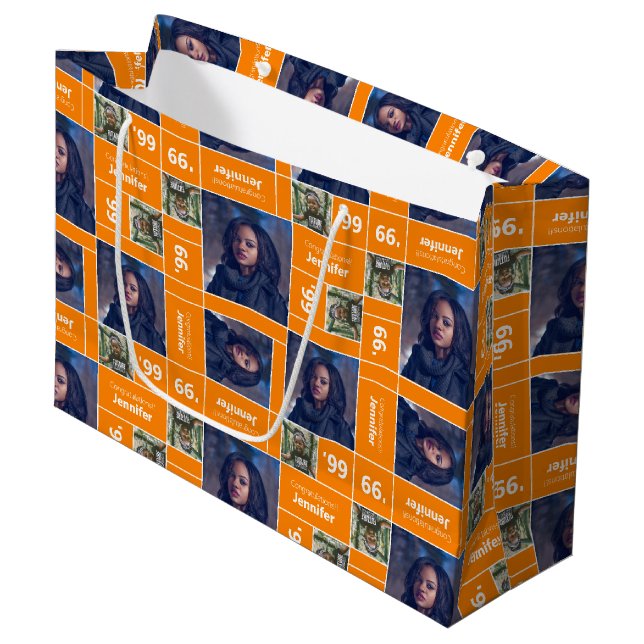 Square Photo Graduation Class Year Orange Large Gift Bag (Front Angled)