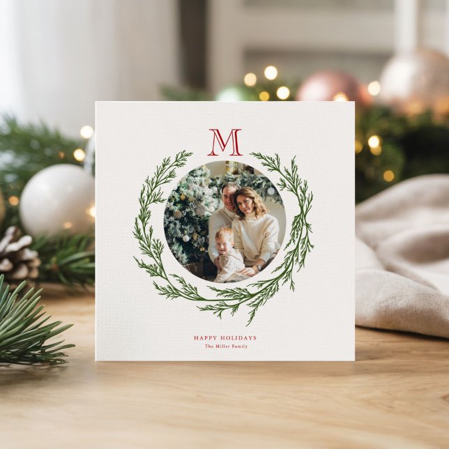 Square Photo Holiday Card, Wreath Monogram Card (Creator Uploaded)