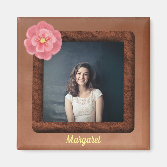 Square Photo with Tropical Flower and Name Magnet (Front)