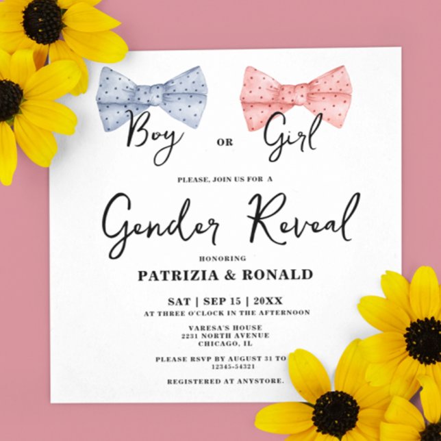 Square Pink and Blue Bows Gender Reveal Party  Invitation (Creator Uploaded)