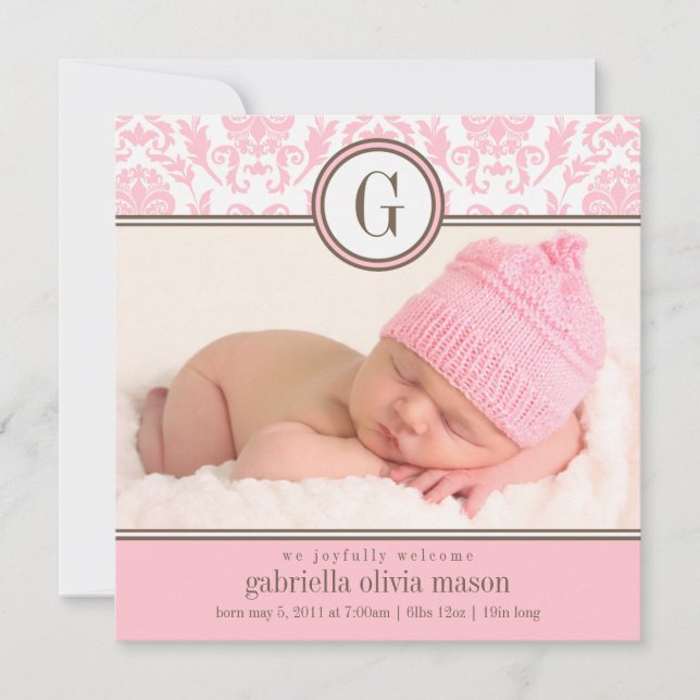Square Pink Damask | Birth Announcement (Front)